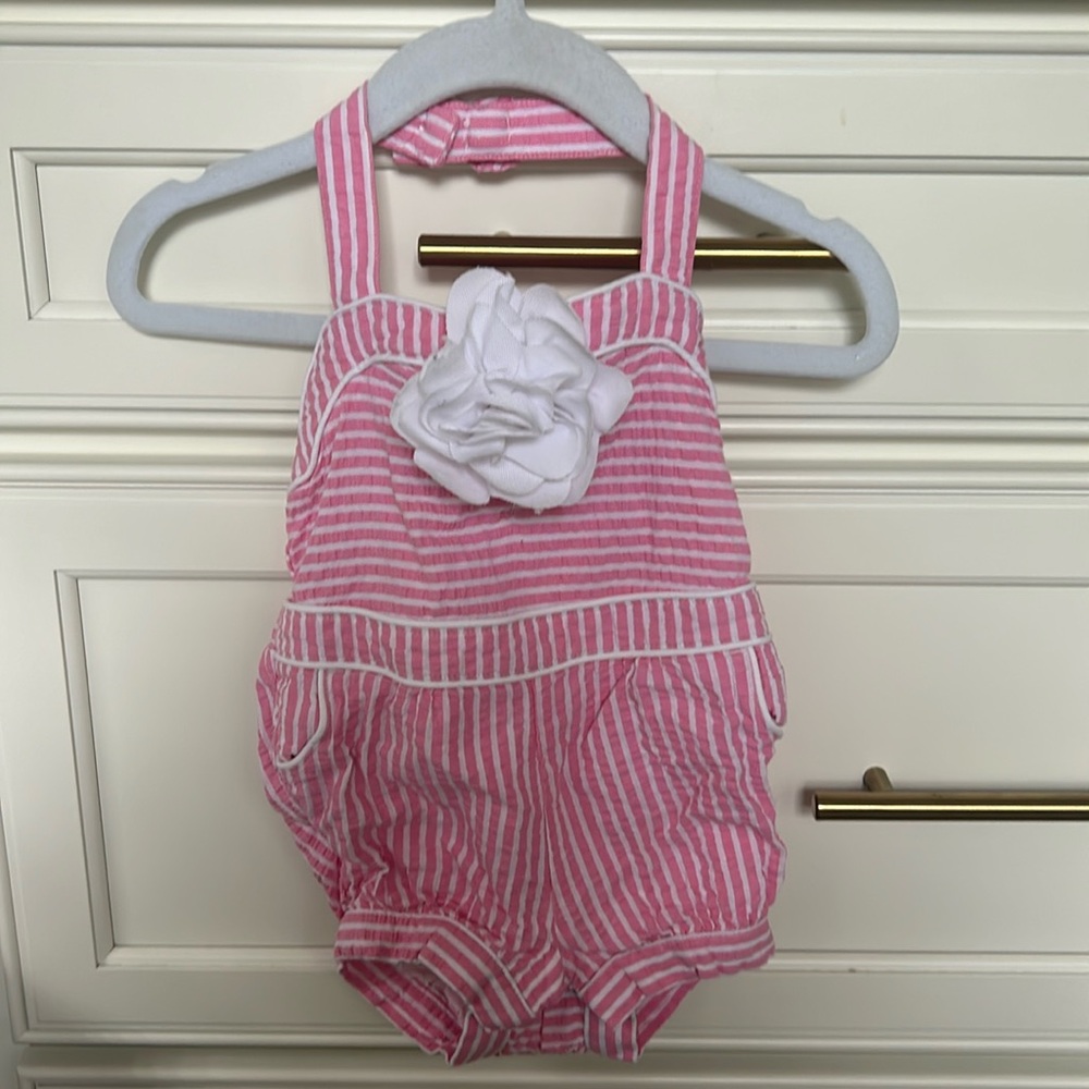 Janie and Jack baby girl halter seer sucker onesie. 3-6 months. Flower on front